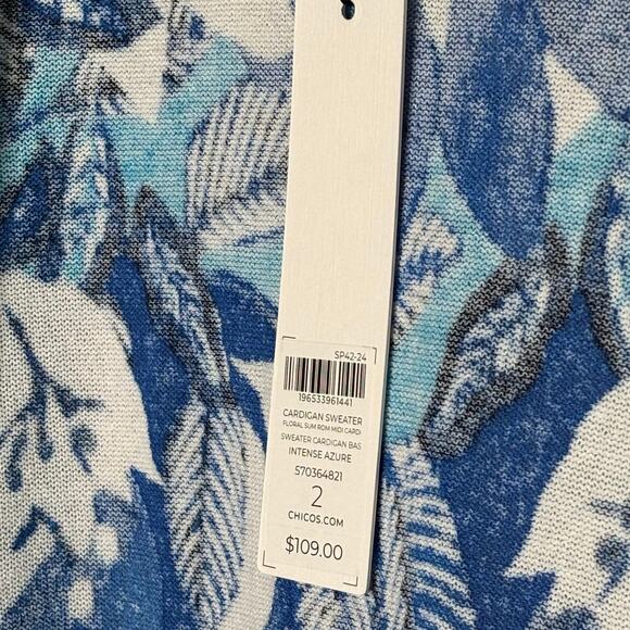 Chico's Blue & White Floral Open Front Long Sleeve Midi Cardigan Size Large New - Picture 5 of 12